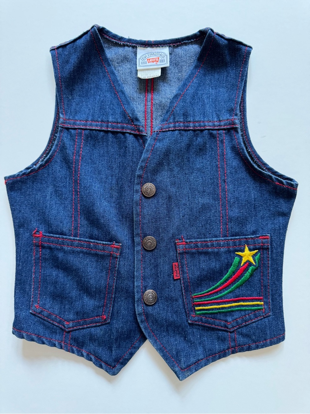 Levi’s Vintage Red Tab Blue Denim Vest Shooting Star Rainbow Embroidery, Size 4